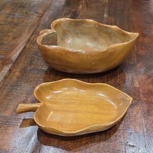Lailani Monkey Pod Natural Wood Leaf-Shaped Bowl and Tray Set Hawaii